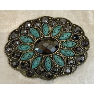 Vtg Metal Belt Buckle Oval Faux Turquoise & Black Rhinestones Cowboy Western Boh
